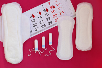 Protective tampons and white pads for woman hygiene and care on bright pink background. Cotton swabs. Calendar for marking of days of menstrual mothly cycle.