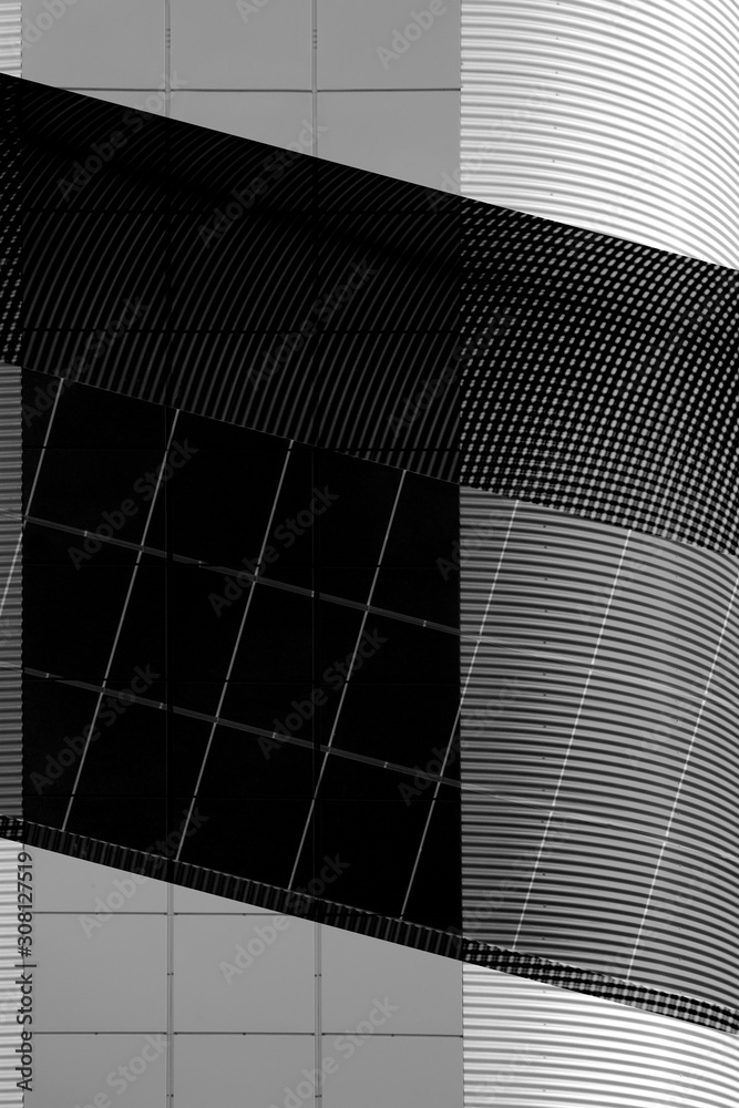Poster digitally altered photo of panels and corrugation metal structure. modern architecture with checkere