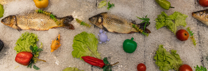 frozen fish decorative vegetables refrigerator product mall counter food photography background 