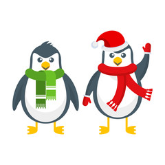 Merry cute penguin in a scarf and hat. Christmas character.