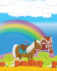 cartoon scene with life on the farm with horse and cat - illustration for the children