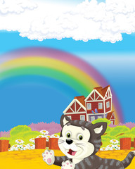 cartoon scene with happy cat having fun on the farm illustration for children
