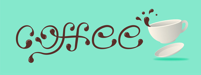 Lettering coffee with isometric levitation cup of coffee with drops