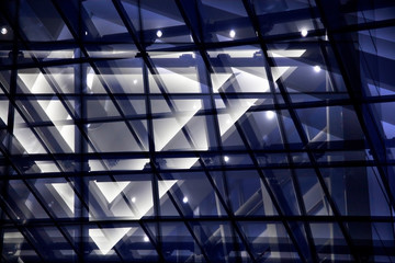 Digitally rendered image of structural glazing. Modern architecture fragment of glass ceiling. Transparent grid pattern of windows and girders. Abstract urban background. Polygonal geometric structure