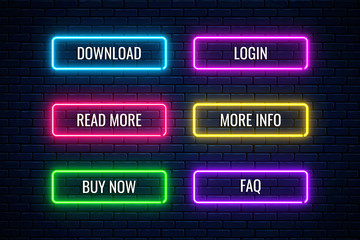 Glow neon buttons for web design. Set of website button. Vector shiny design elements. Action signs for internet use