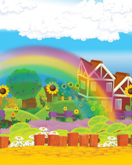 Fototapeta premium cartoon scene with funny looking farm house on the hill - illustration for children