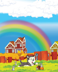 cartoon scene with cheerful cat having fun on the farm - illustration for children