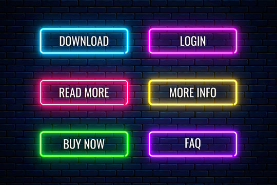 Glow Neon Buttons For Web Design. Set Of Website Button. Vector Shiny Design Elements. Action Signs For Internet Use