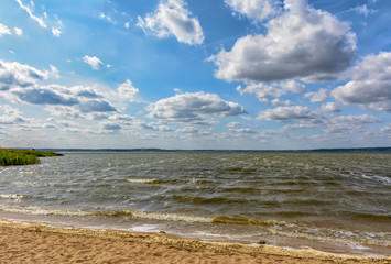 Windy day on the beach at Zaslavsky reservoir.