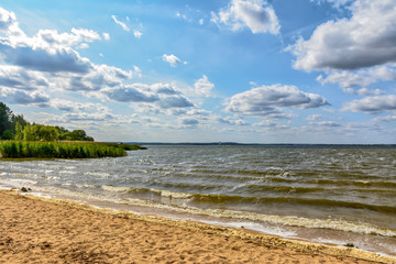 Windy day on the beach at Zaslavsky reservoir.