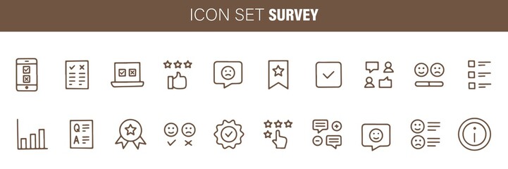 Online test, internet quiz, questionnaire, survey, exam, quizzes thin line vector icons.