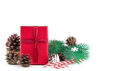 Christmas Present With Ribbon, Pine Cones And Ornaments