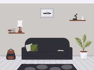 Home interior boy teenager room . Furniture pieces in schoolboy place. Vector illustration. Trendy living room furniture. Sofa, schoolbag , microscope, lamp, books and houseplant on grey background