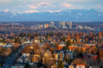 Suburbs and downtown of Bellevue in sunrise light, WA