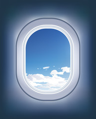Vector airplane window. Airplain illuminator and sky