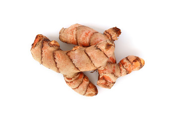 Top view of Turmeric (Curcuma longa Linn) rhizome isolated on white background.
