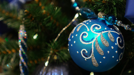 Christmas decorations on the Christmas tree. Blue ball.