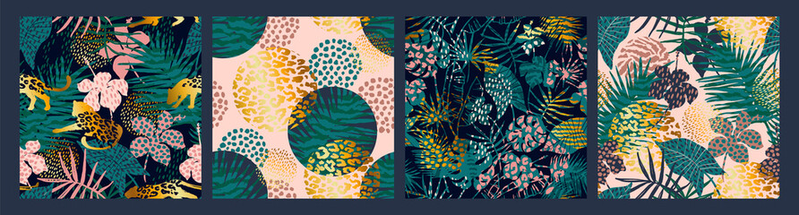 Trendy seamless exotic patterns with palm, animal prints and hand drawn textures