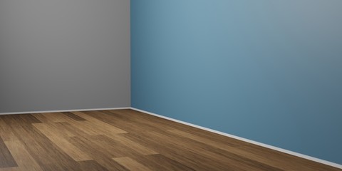 3D rendering empty room with blue and gray wall and dark laminate parquet floor