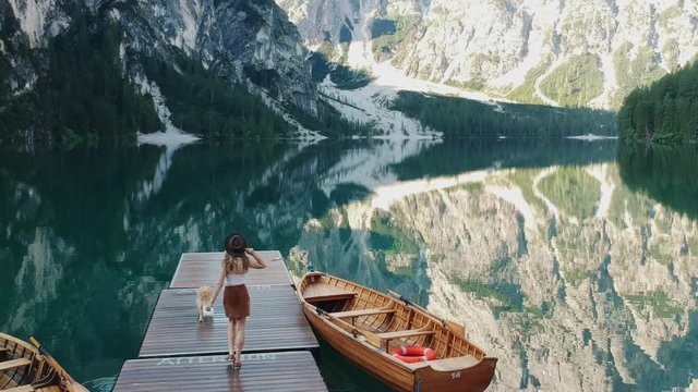 Lago di Braies, Dolomites / Italy Boats on the Mountain Lake Aerial In Dolomites Lago di Braies Ready for Grade.Italy Dolomites Footage Flat Profile Ready For Grading