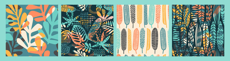 Abstract seamless patterns with tropical leaves and geometric shapes.