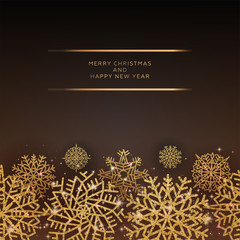 Elegant Christmas greeting card with Shining glittering Gold Snowflakes on black Background . illustration