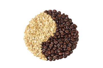 Coffee beans and oatmeal forming a yin yang symbol on a white background, isolate. Breakfast concept with coffee and oatmeal in the form of a yin and yang sign