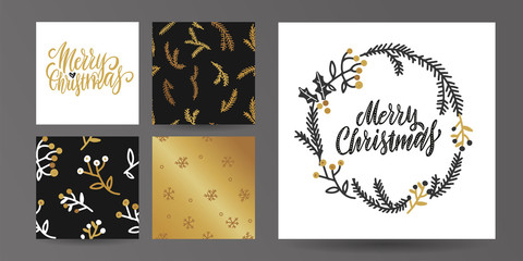 Fototapeta premium Set of Merry Christmas card templates. Hand drawn seamless patterns with lettering. Golden metallic, black, white colors. Holiday greetings. Template for Greeting