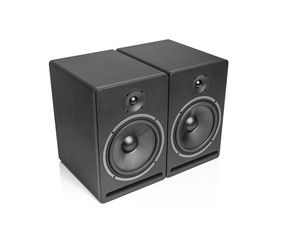 Black speaker isolated on a white background.