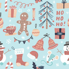 Seamless Cartoon Christmas Pattern. Christmas tree and baubles, gifts, tea cup, snowman, gingerbread man, bells and ribbons, sweets, Santa sock, hat, holly berries.