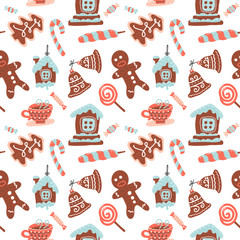 Christmas Seamless pattern with cacao drink, ginger cookie, candy cane and lollipop. Xmas sweets. illustration for textile, postcard, wrapping paper, poster, background, book, t-shirt.