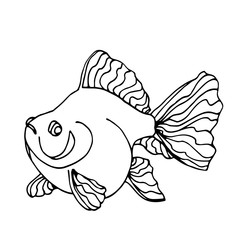 decorative aquarium Golden fish, Chinese crucian, symbol of good luck, vector illustration with black contour lines isolated on white background in Doodle and hand drawn style