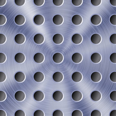 Abstract shiny metal background in blue color with circular brushed texture and round holes