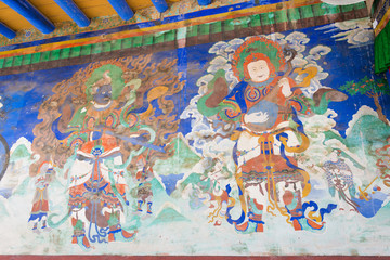 Ladakh, India - Aug 20 2019 - Ancient Mural at Likir Monastery (Likir Gompa) in Ladakh, Jammu and Kashmir, India. The Monastery was Rebuilt in 1065.
