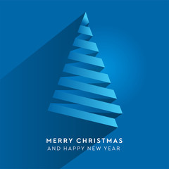 Fototapeta premium Simple christmas tree made from paper stripe - original new year card. Volume blue paper cut fir like arrow with shadow.