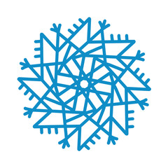 Snowflake icon. Blue silhouette snow flake sign isolated on white background. Flat design. Symbol of winter Christmas, New Year holiday. Graphic element decoration hand drawn illustration