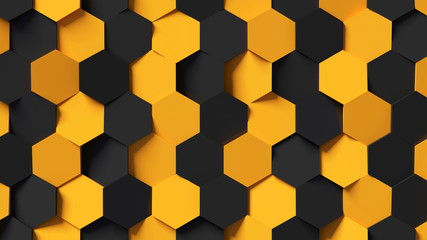 Abstract black and yellow hexagon background; honeycomb pattern composition 3d rendering, 3d illustration