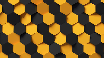 Abstract black and yellow hexagon background; honeycomb pattern composition 3d rendering, 3d illustration