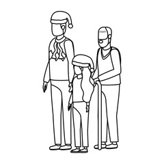 cute grandfather with young son and granddaughter using christmas hat
