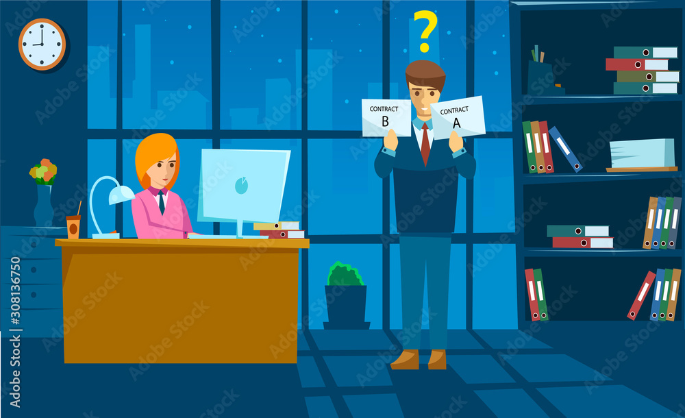 Wall mural Confused businessman gets two contract offers and decides which one to take. Job offer, difficult to choose. Flat style. Vector illustration