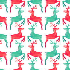 Watercolor illustration of painted red and green ink Christmas holiday deer pattern set