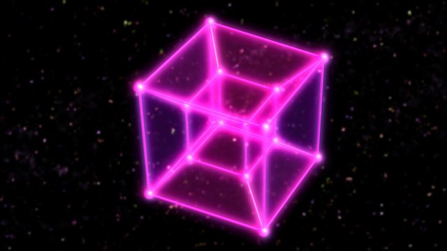 4 Dimensional Hypercube Tesseract Rotating in Outer Space and Stars - Abstract Background Texture