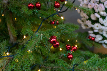 Decorated Christmas tree on blurred background with natural daylight