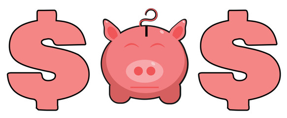 Piggy bank with help sign symbolizing money problems