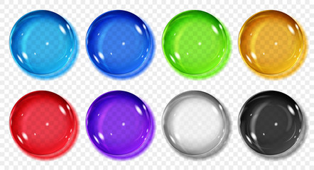 Set of translucent colored spheres with shadows on transparent background. Transparency only in vector format