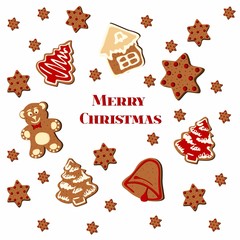 Gingerbread cookies vector frame. Food dessert decoration christmas, sweet ginger and biscuit illustration. White background.
