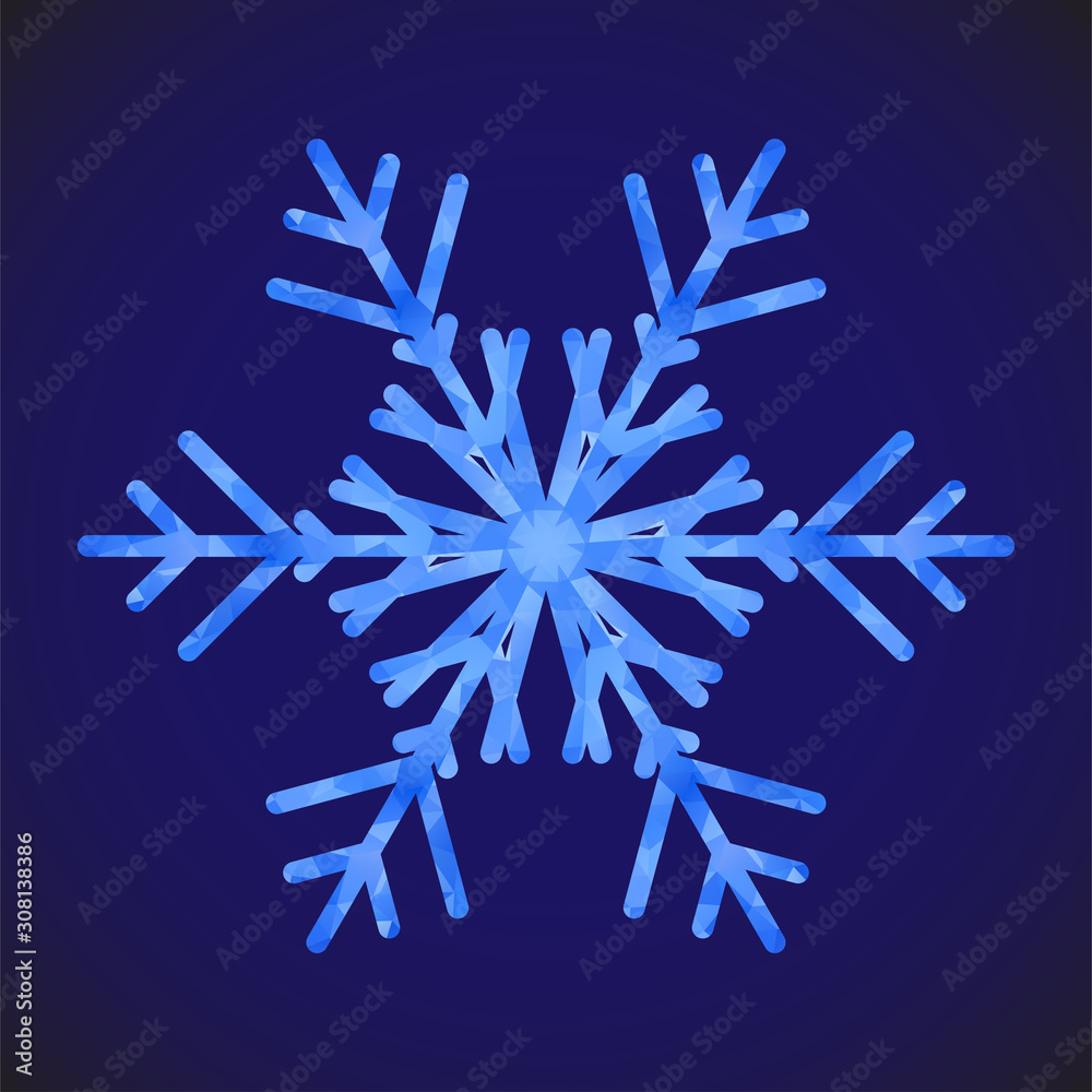 Poster Abstract design template with polygonal snowflake for decoration design. Vector decorative background. Winter symbol. Low poly banner with snowflake on blue background for decorative design.