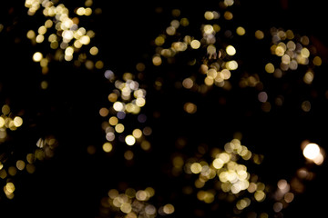 Abstract bokeh made from Christmas lights in the shop on black background. Holiday concept, overlay for your images.