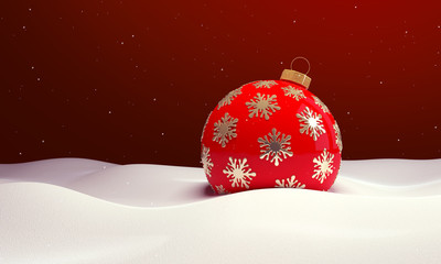 Red christmas ball in the snow. Christmas background. 3D illustration.