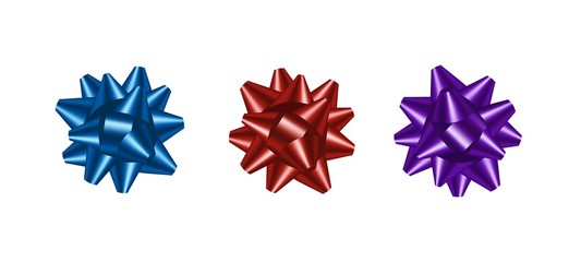 Vector set of 3 shiny colorful bows on white background. Realistic classic blue, red and purple gift bows for design, festive template, Christmas and Birthday card. Decorative isolated gift bows.